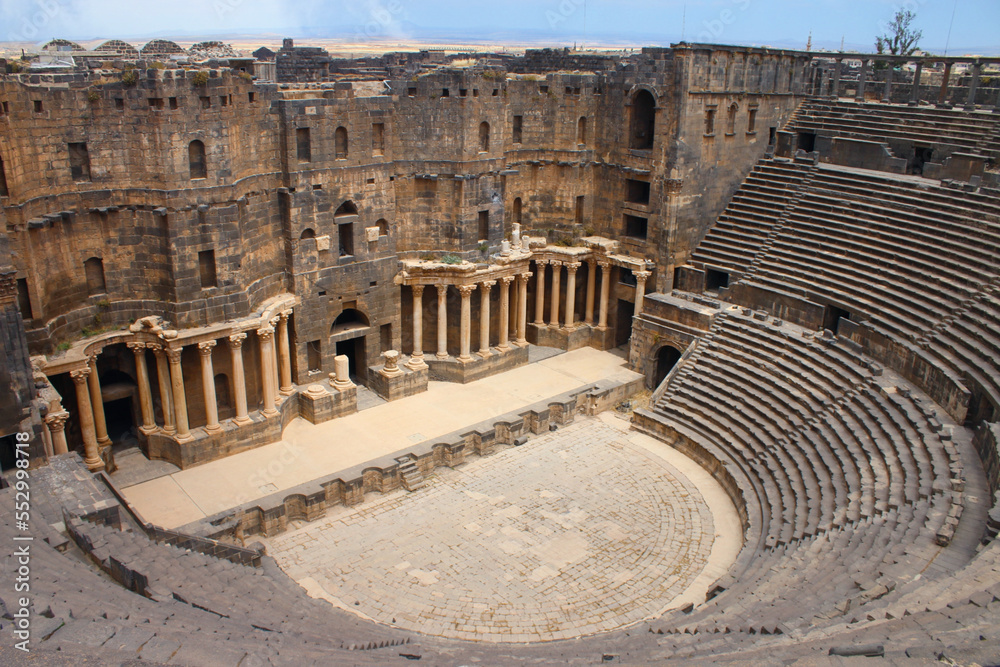 Pictures showing the archaeological amphitheater and the ancient Roman theater in the city of Bosra al-Sham, Daraa Governorate, southern Syria
