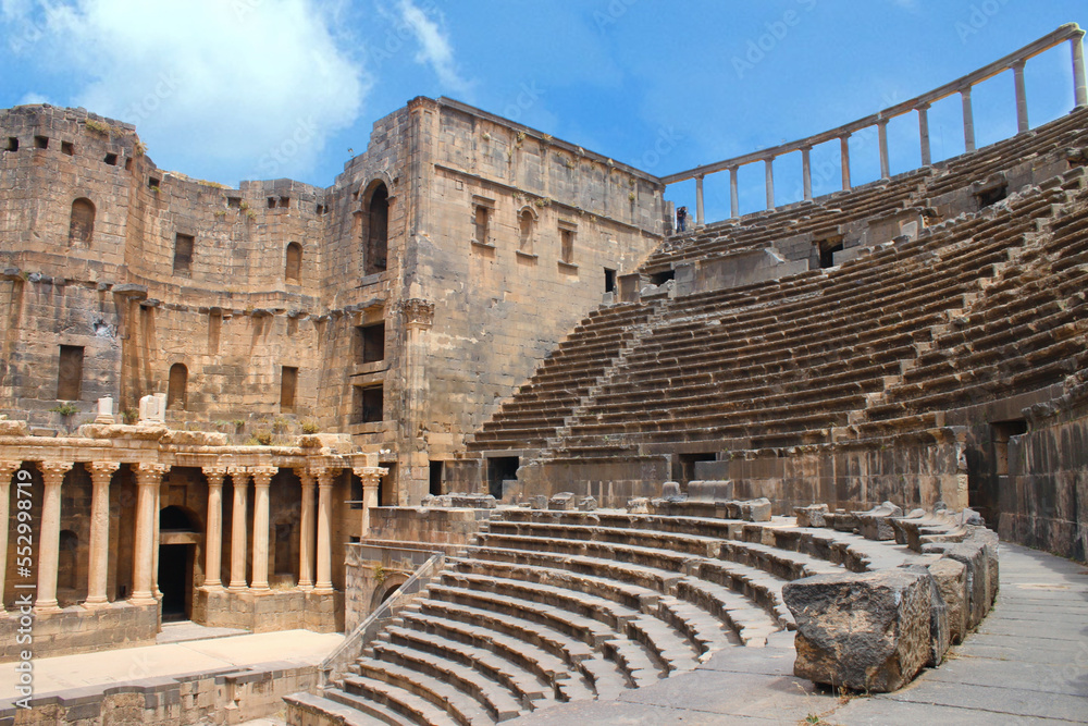 Pictures showing the archaeological amphitheater and the ancient Roman theater in the city of Bosra al-Sham, Daraa Governorate, southern Syria
