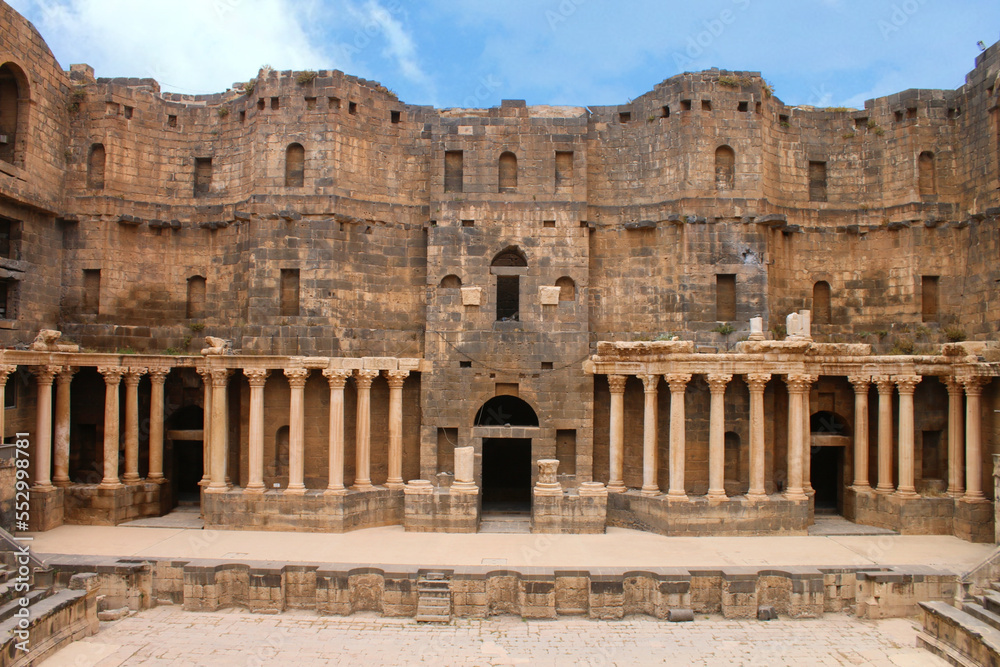Fototapeta premium Pictures showing the archaeological amphitheater and the ancient Roman theater in the city of Bosra al-Sham, Daraa Governorate, southern Syria