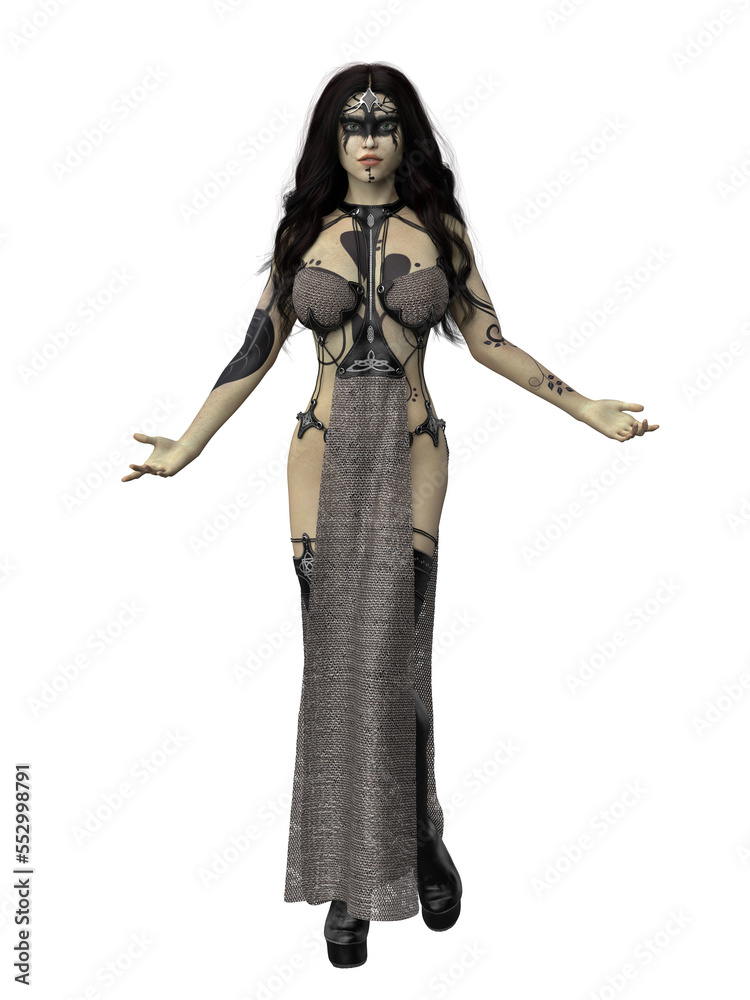 Beautiful fantasy witch woman with black tattoos wearing revealing costume. 3D illustration isolated. Beautiful fantasy witch woman with black tattoos wearing revealing costume. 3D illustration isolated.
