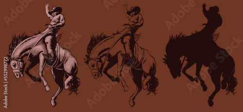 Foto cowboy in a hat on a horse with a lasso and a colt in the style of art graphics
