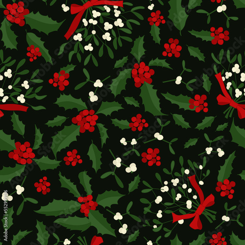 Holly and mistletoe Christmas seamless pattern on dark background