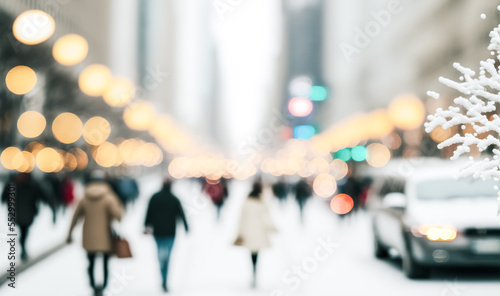 Blurred background with Christmas lights, Christmas decorations and people on the street. blurred urban scene. Copy space for your text