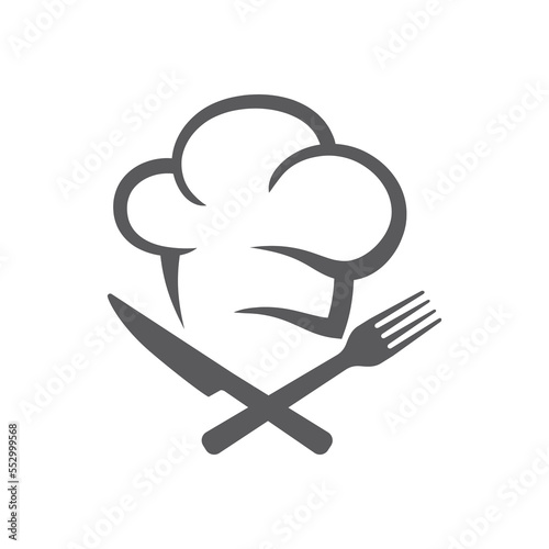Restaurant logo, food symbol with chef cap. Crossed kitchen knife and fork, cooking vector icon.