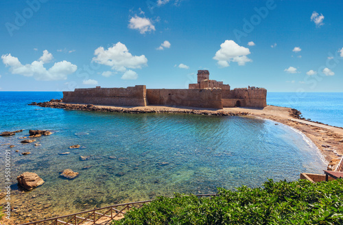 Aragonese castle of Le Castella  build in 474 BC   a fortress on a small islet on Ionian Sea coast  overlooking the Costa dei Saraceni near Capo Rizzuto  Calabria  Italy.