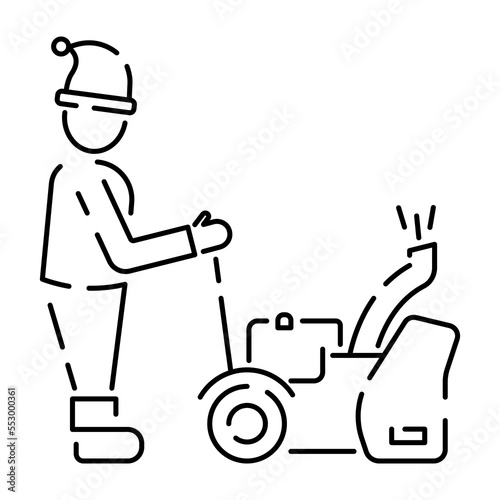 Snow removal Winter season service linear icons. Christmas. Studded tires for car. Customizable thin line contour symbols. Man or person, Snowblower