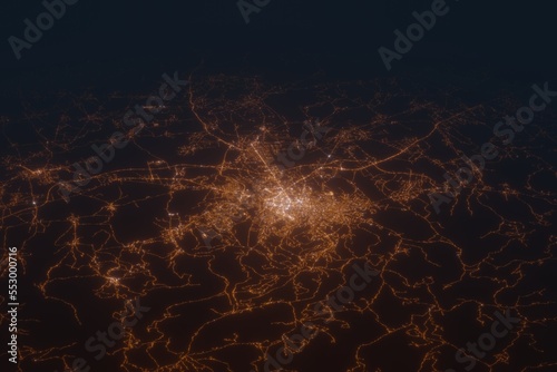 Aerial shot on Pristina (Kosovo) at night, view from east. Imitation of satellite view on modern city with street lights and glow effect. 3d render