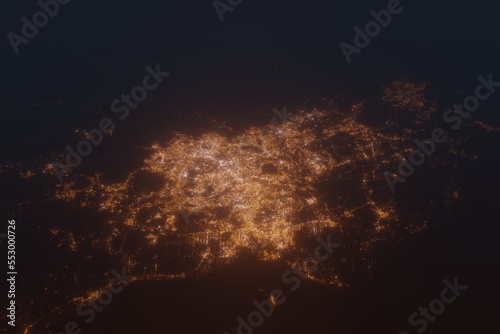 Aerial shot on Kuala Lumpur (Malaysia) at night, view from west. Imitation of satellite view on modern city with street lights and glow effect. 3d render