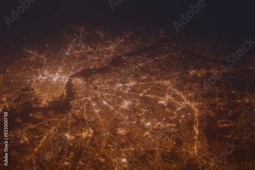 Aerial shot of Cherry Hill (New Jersey, USA) at night, view from south. Imitation of satellite view on modern city with street lights and glow effect. 3d render