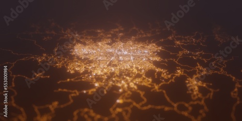 Street lights map of Tegucigalpa (Honduras) with tilt-shift effect, view from south. Imitation of macro shot with blurred background. 3d render, selective focus
