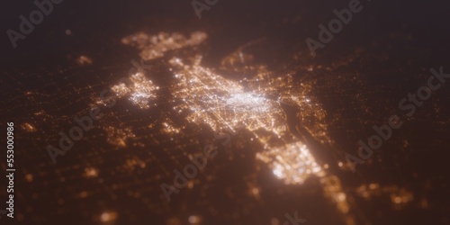 Street lights map of Ottawa (Canada) with tilt-shift effect, view from east. Imitation of macro shot with blurred background. 3d render, selective focus