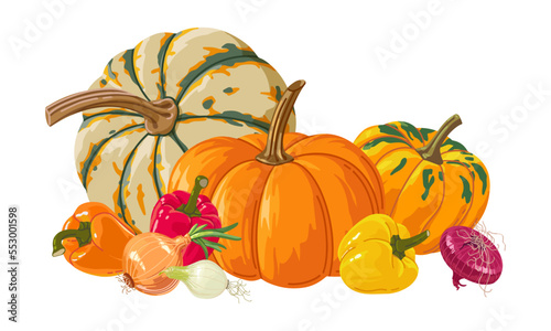 Still life of autumn vegetables, pumpkin pepper and onion. Vector illustration