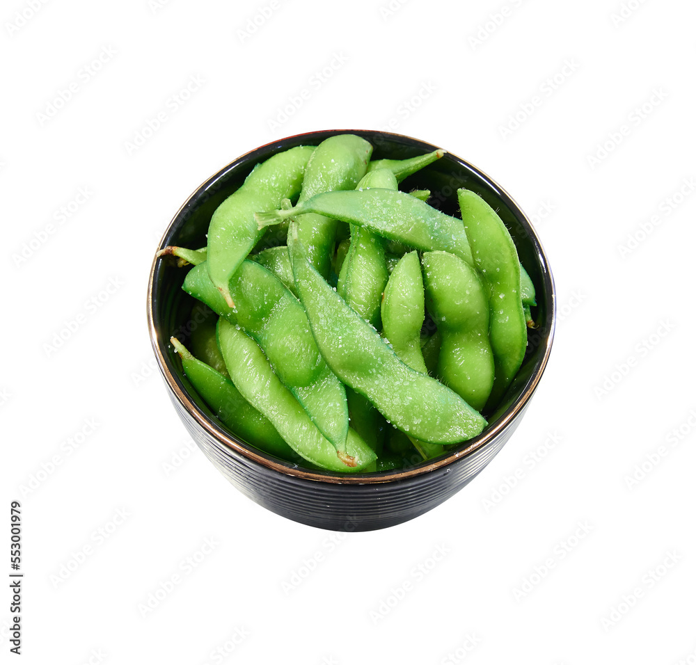 Ceramic bowl with green edamame beans isolated on white Ceramic bowl with green edamame beans isolated on white