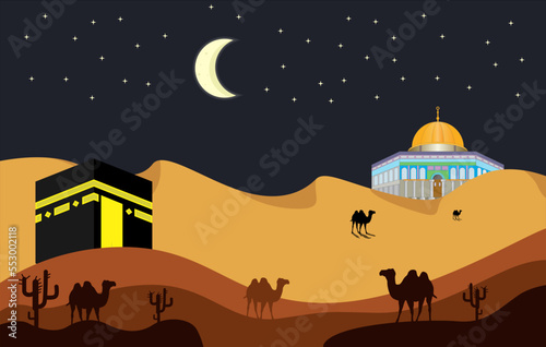 illustration of Isra and mi'raj the night journey of prophet muhammad poster design