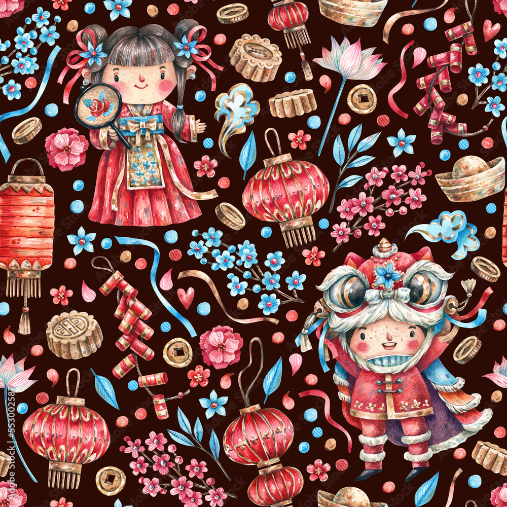 Watercolor seamless cartoon pattern with children in traditional costumes, lanterns, carps, gold coins, flowers and sweets. Cute, Chinese New Year festive background with traditional Chinese symbols