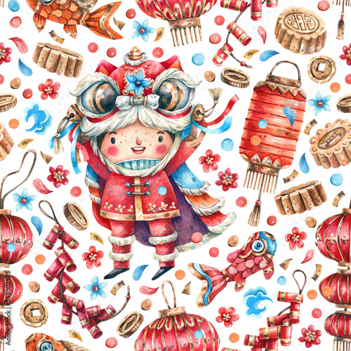 Chinese new year seamless cartoon pattern with a boy in a dragon costume  lanterns  carps  gold coins  flowers and traditional sweets. Cute  festive background with traditional Chinese symbols