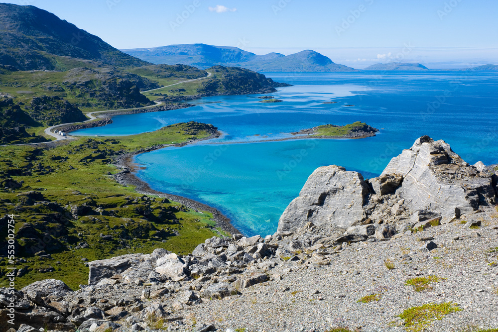 View of Selvika bay and Storbukta beach at Havoysund scenic route, Norway