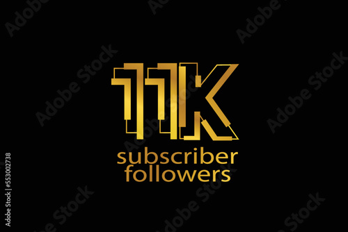 11K, 11.000 subscribers or followers blocks style with gold color on black background for social media and internet-vector
