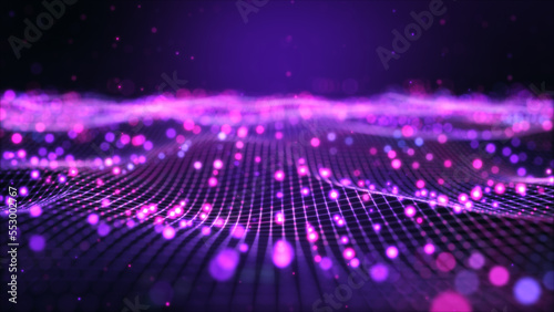 Futuristic flying over 3D purple blue digital landscape mountain terrain abstract technology background - moving dots and lines network connection structure in space background. 3D Rendering.