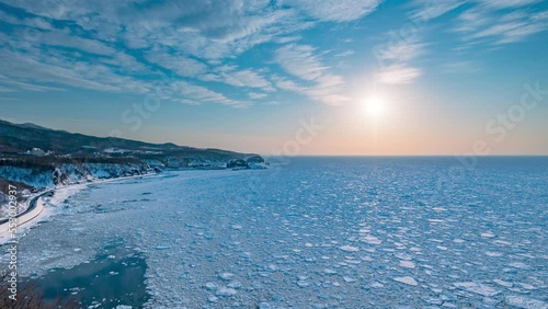 drift ice and sky timelapse in winter in Shiretoko. Hokkaido, Japan