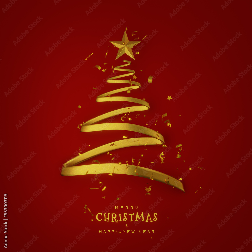 Xmas tree made of golden ribbon and glitter gold confetti with a golden star on a red background. Merry Christmas and Happy new year banner, poster and greeting cards. 3D rendering.