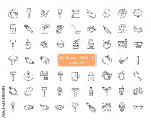 Food and utensils signs, 60 items, line vector icons set