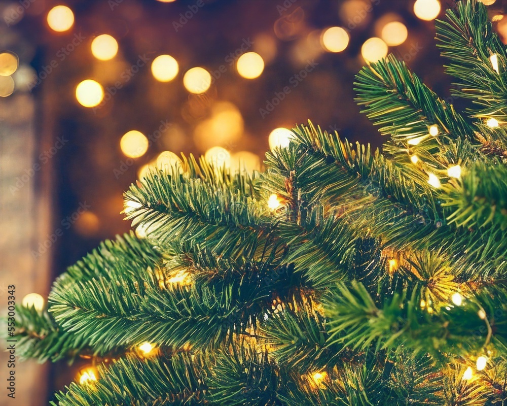 A lavishly decorated Christmas tree with lights in the background A lavishly decorated Christmas tree with lights in the background