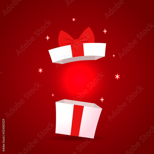 Opened gift box, surprise concept. Opened gift on red background.