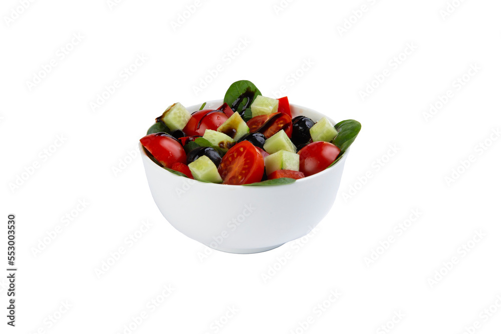 Salad with tomatoes, cucumbers and olives in a plate. Selective focus. transparent.