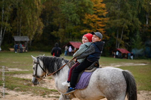 Two children are sitting on a horse, happy children are walking in the forest with a horse.