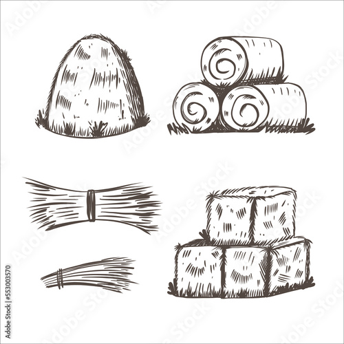 Hay bales sketch style. Hand drawn piles, heaps and stacks, straw in rolls and squares, dry grass, farm fodder. Village and countryside elements. Haystack vector isolated illustration