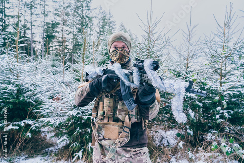 Christmas at war. Soldier at Christmas at the front. photo