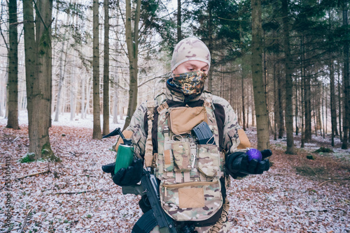 Christmas at war. Soldier at Christmas at the front. photo