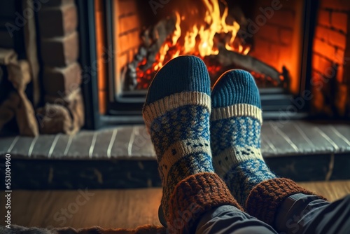 Feet in wool socks near fireplace in winter time