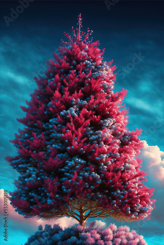 Illustrated Winter large isolated Christmas tree covered with white soft snow, background with clouds in clear sky. Dark pink light. Generative AI.