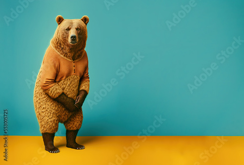 Abstract, creative, illustrated, minimal portrait of a wild animal dressed up as a man in elegant clothes. A bear standing on two legs in a Winter warm yellow sweater. Generative AI. photo