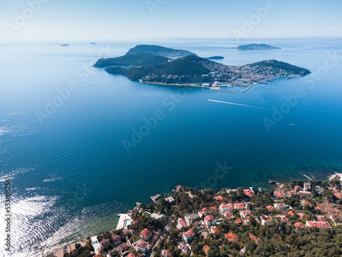 Photography Drone view of Burgaz and Buyukada Island at Marmara sea