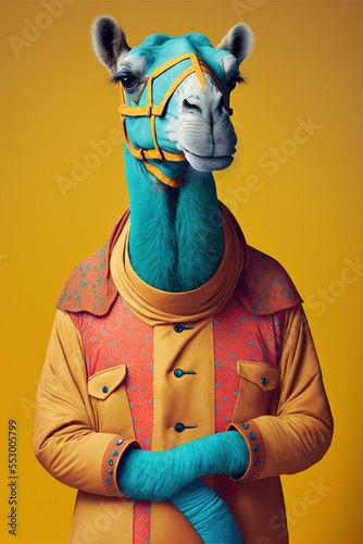 Abstract, creative, illustrated, minimal portrait of a wild animal dressed up as a man in elegant clothes. A blue camel standing in a colorful suit. Generative AI.