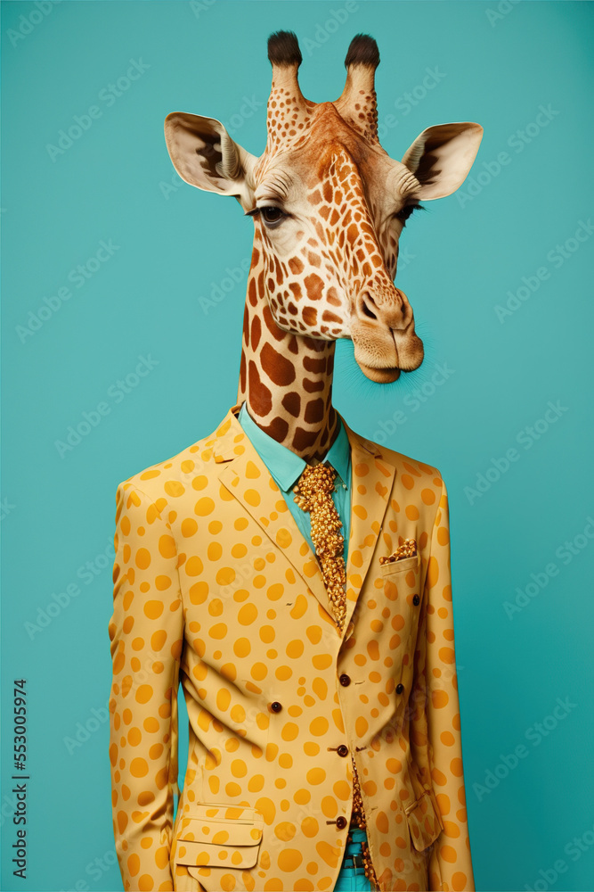 Abstract, creative, illustrated, minimal portrait of a wild animal dressed up as a man in elegant clothes. A giraffe standing on two legs in business suit. Generative AI. - obrazy, fototapety, plakaty 