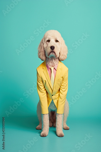 Abstract, creative, illustrated, minimal portrait of an animal dressed up as a man in elegant clothes. A dog standing in a yellow suit outfit. Generative AI. photo