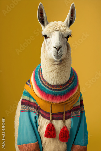 Abstract, creative, illustrated, minimal portrait of a wild animal dressed up as a man in elegant clothes. A lama in a trendy vintage hipster casual sweatshirt. Generative AI. photo