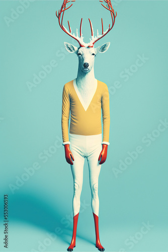 A  human size white reindeer in a trendy vintage hipster Winter sweatshirt. Abstract, illustrated, minimal portrait of a wild animal dressed up as a man in elegant clothes. Generative AI.