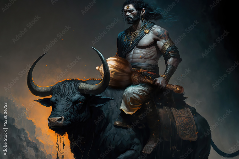 Generative AI : Lord Yama, the Hindu god of death, seated on his mount the buffalo