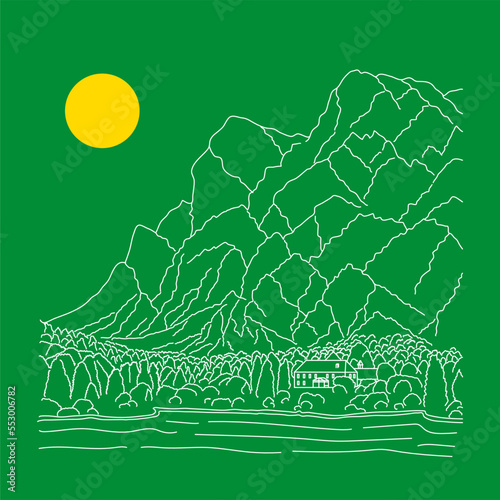 Dessin au trait d'une maison en pleine nature, proche d'un lac et d'une forêt au pied de la montagne