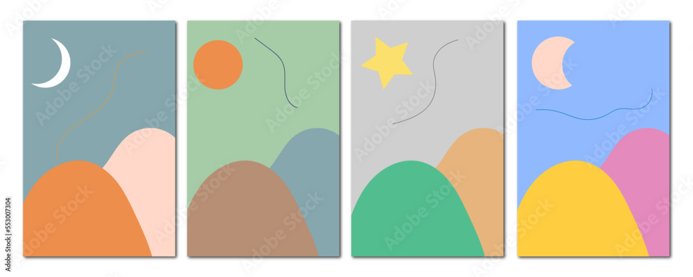 Abstract Contemporary Aesthetic Background Landscape Set With Sun, Moon, stars and water waves, Mountains Earth Tones Pastel Color