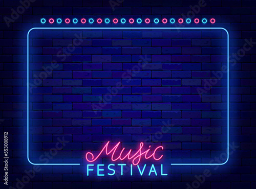 Music festival neon advertising on brick wall. Karaoke party and talent concert. Vector stock illustration