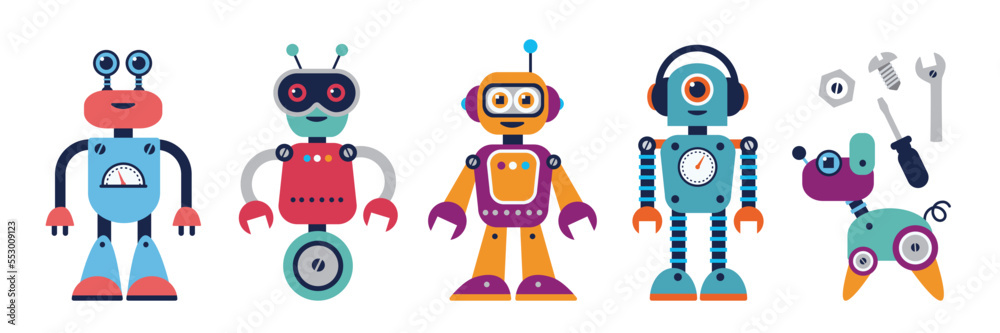 Set of cute cartoon robots in flat style. Colorful kid cyborgs, retro, futuristic modern bots, smiling characters. Isolated vector illustration in cartoon style. Set of cute cartoon robots in flat style. Colorful kid cyborgs, retro, futuristic modern bots, smiling characters. Isolated vector illustration in cartoon style.