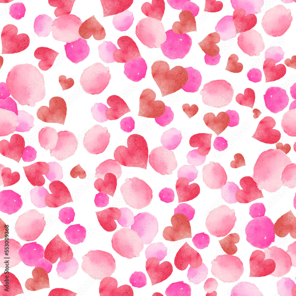 Watercolor seamless pattern with abstract pink, red hearts. Hand drawn  illustration isolated on white background. For packaging,  wrapping design or print. Suitable for design on Valentine's day