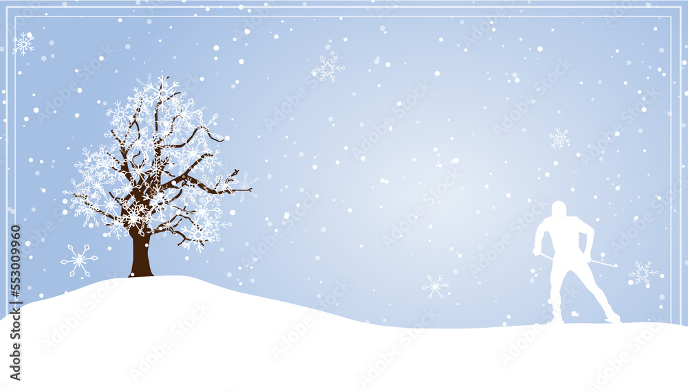 Obraz premium Winter landscape illustration. Abandoned tree in snowy nature, cross-country skier. Merry Christmas and Happy New Year card.