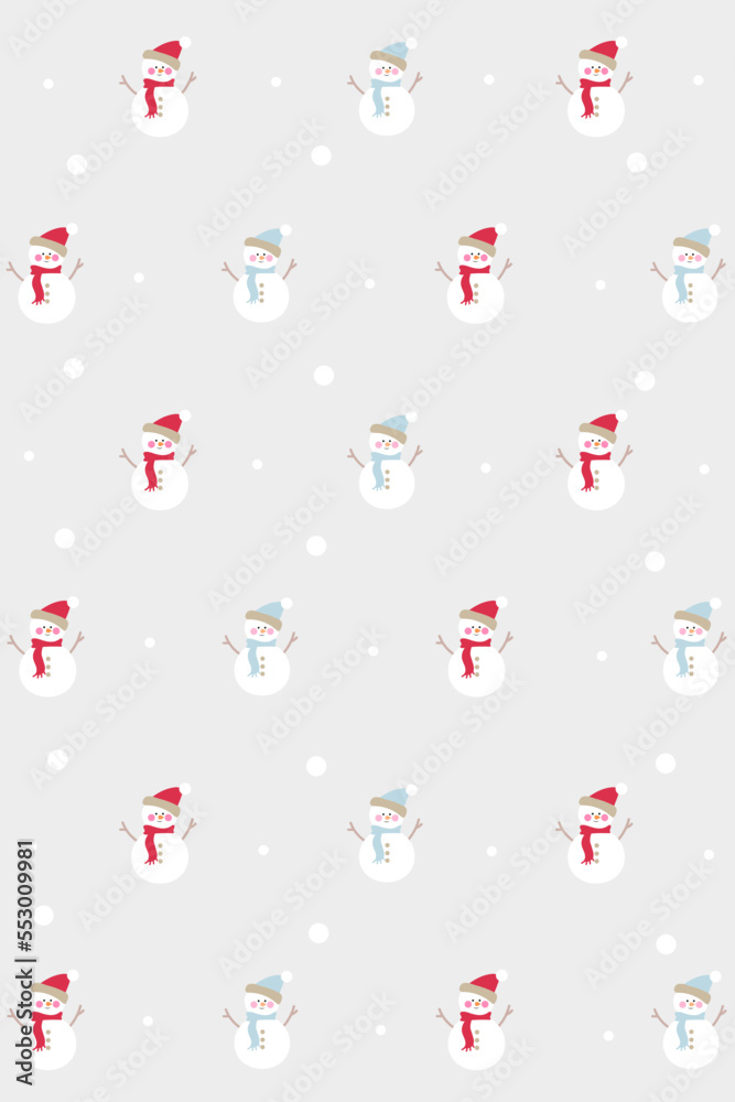 Merry Christmas postcard with cute character snowman in scarf and hat flat style. Happy winter holiday concept on grey background. Pattern with small snowmen
Merry Christmas postcard with cute character snowman in scarf and hat flat style. Happy winter holiday concept on grey background. Pattern with small snowmen